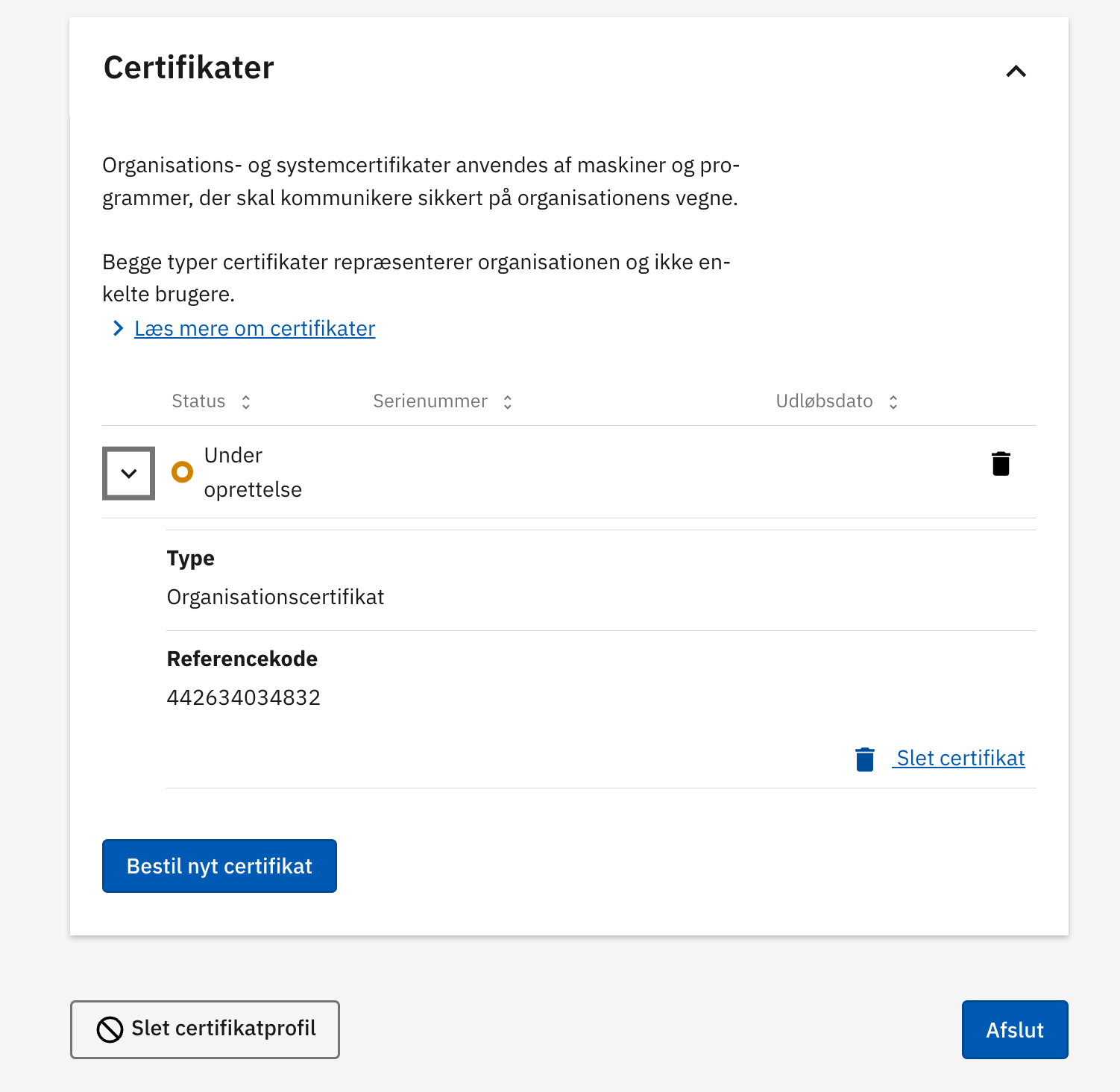 Find the reference number of the certificate profile