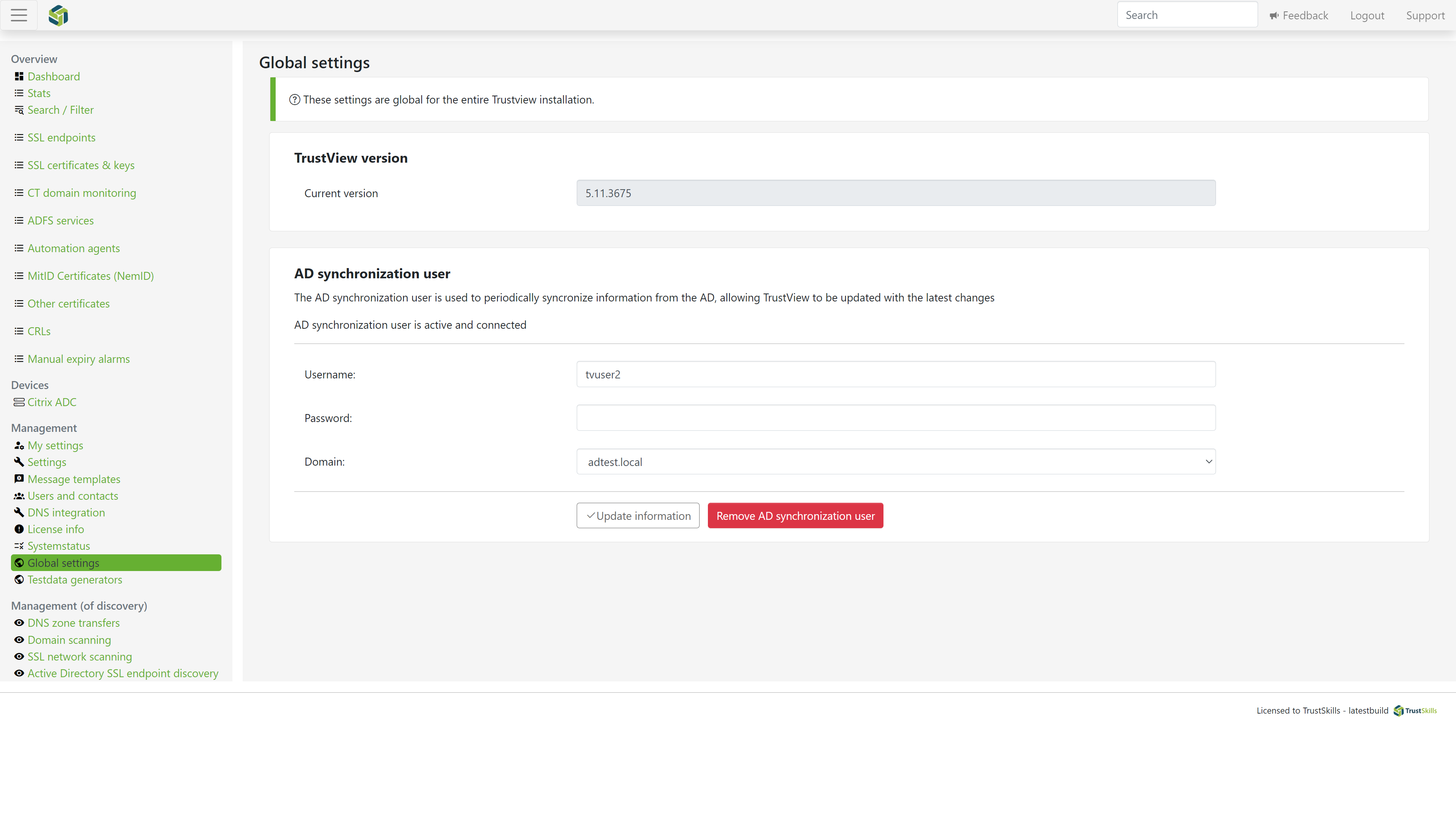 TrustView can be updated natively from the Global settings menu